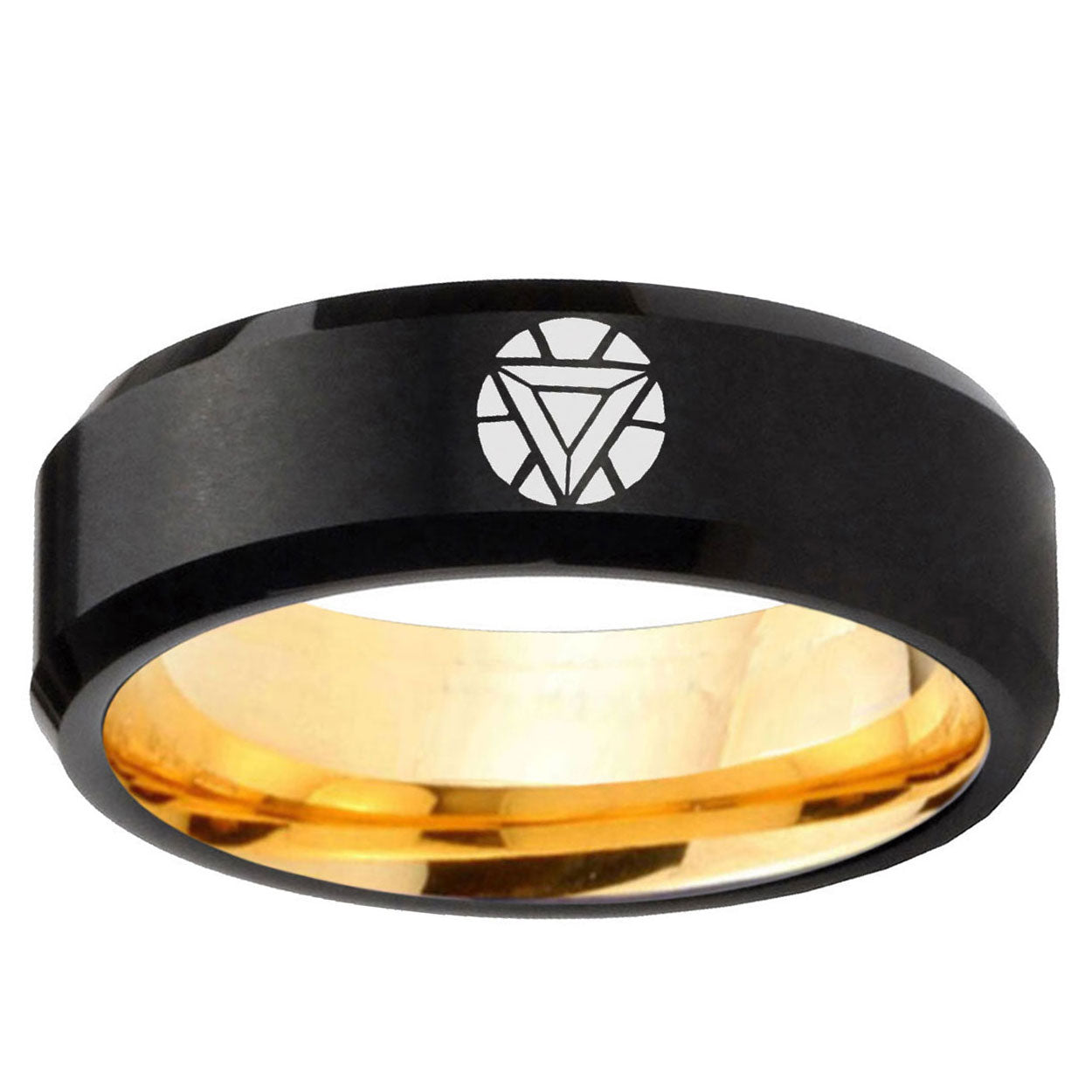 Iron Man Art Reactor Beveled Edge Gold Black Ring Tungsten