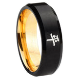8mm Kanji Peace Beveled Edge Black And Gold Tungsten Carbide Custom Ring for Men