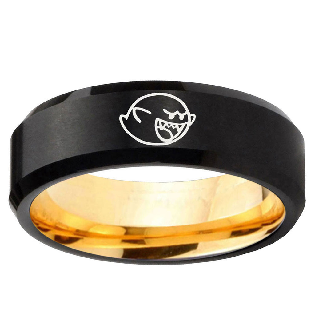 Mario Boo Ghost Beveled Edge Black Gold Tungsten Band