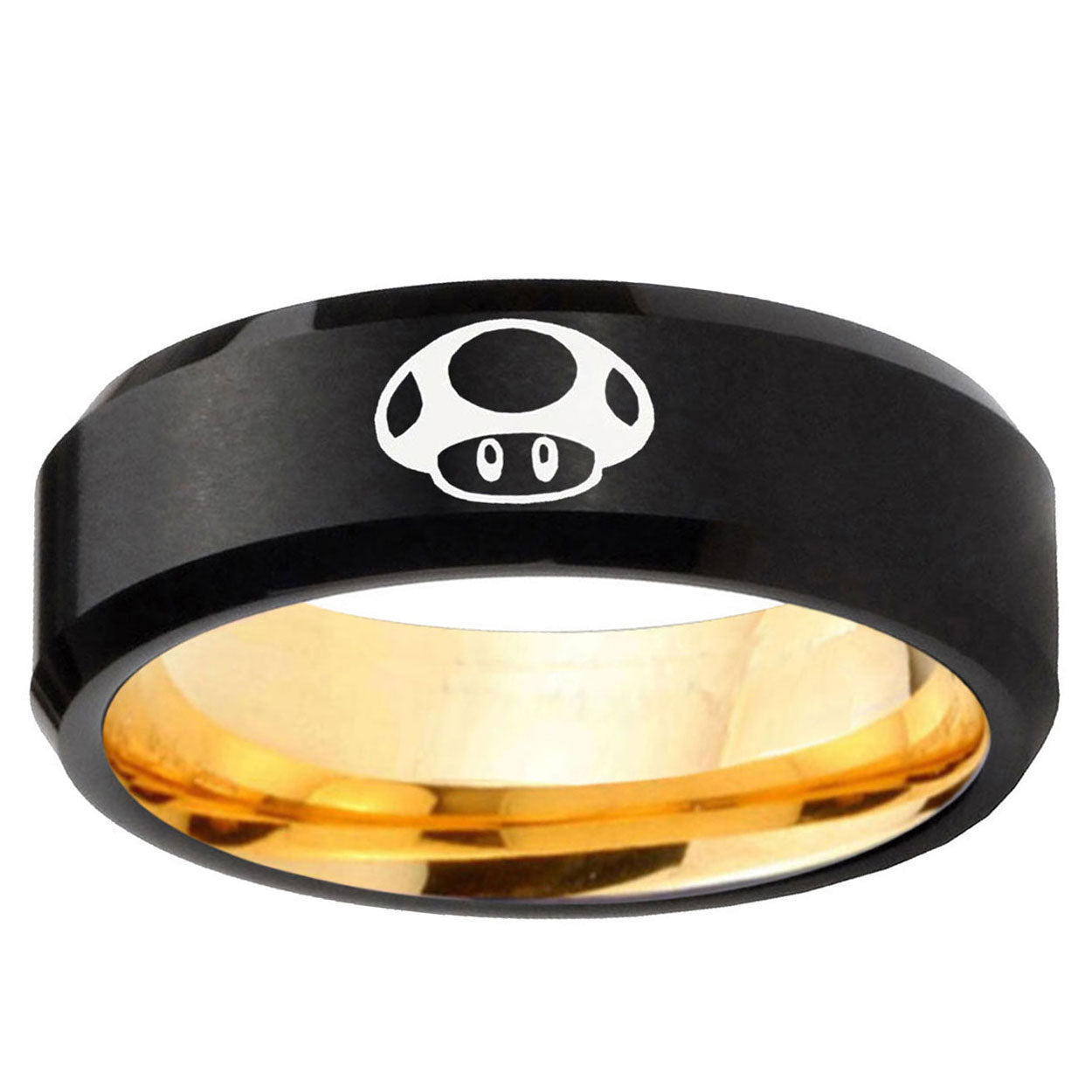 Mario Mushroom Beveled Edge Black Gold Tungsten Band