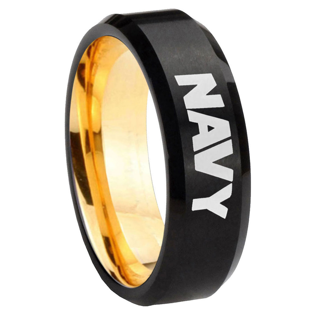 8mm Navy Beveled Edge Black And Gold Tungsten Mens Wedding Band