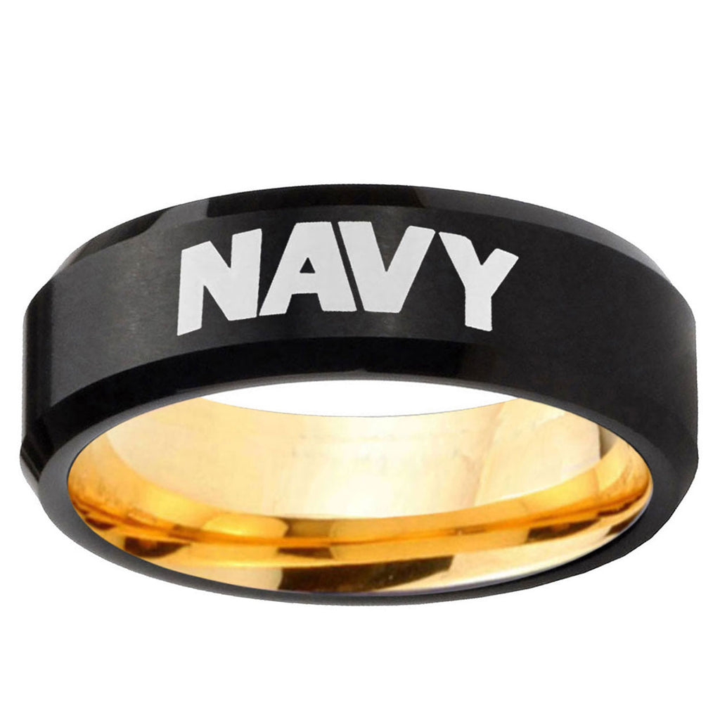 Navy Beveled Edge Black And Gold Tungsten Mens Wedding Band