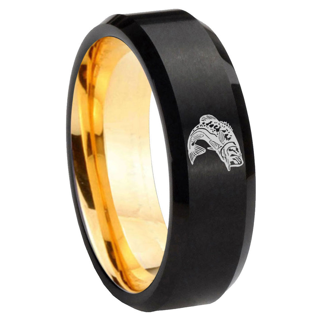 8mm Fishing Beveled Edge Black And Gold Tungsten Promised Ring