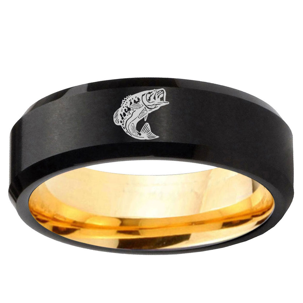 Fishing Beveled Edge Black And Gold Tungsten Promised Ring
