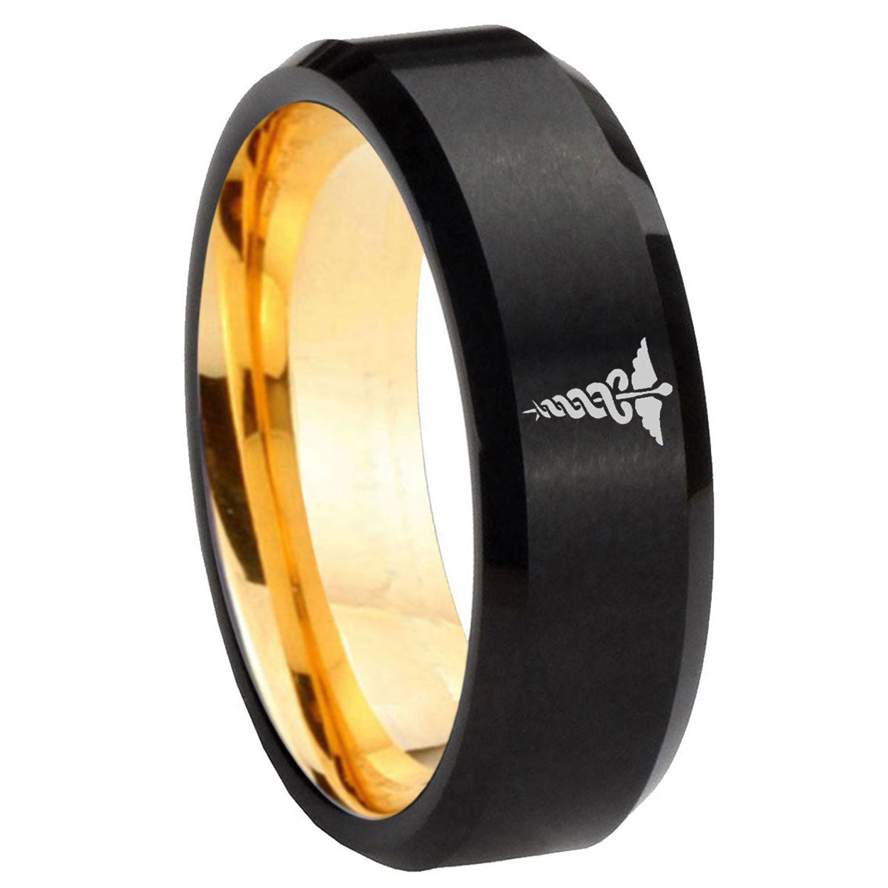 8mm Medical Symbol Beveled Edge Black And Gold Tungsten Band