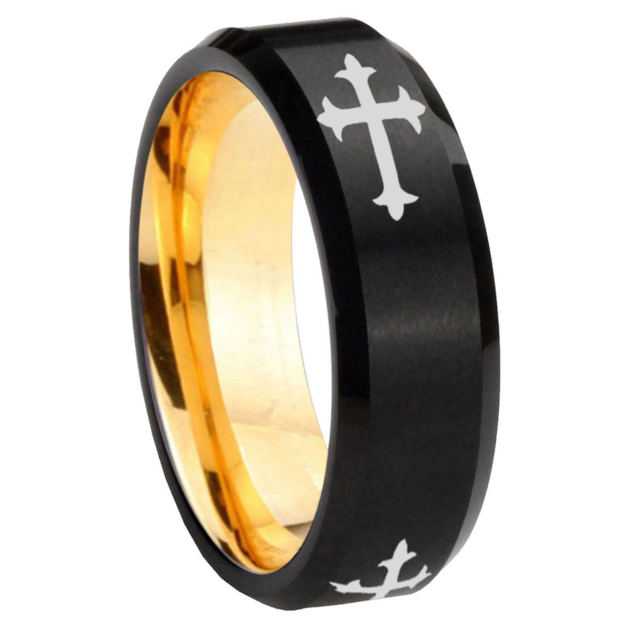8mm Christian Cross Religious Beveled Black Gold Tungsten Ring