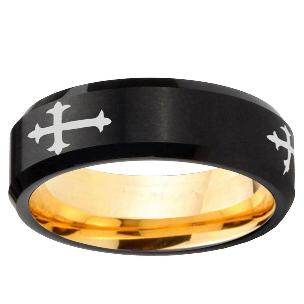 Christian Cross Religious Beveled Black Gold Tungsten Ring