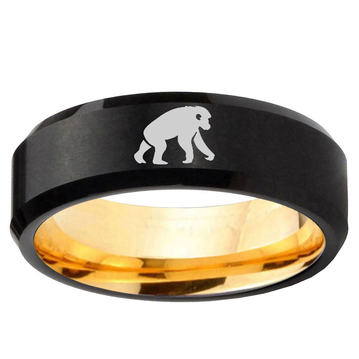 Chimpanzee Beveled Edge Black And Gold Tungsten Custom Ring