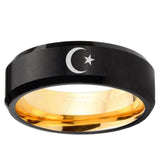 Crescent Moon Stars Beveled Edge Black And Gold Tungsten Engagement Ring