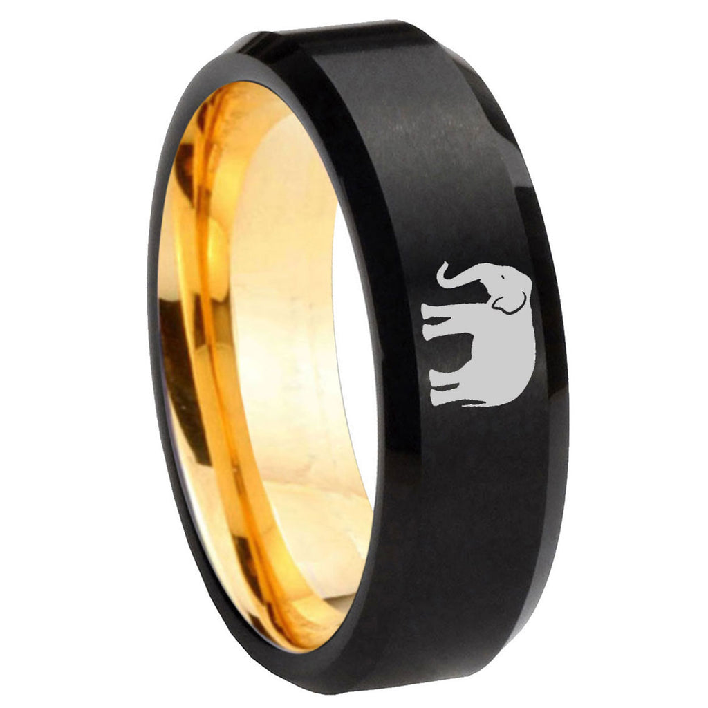 8mm Elephant Beveled Edge Black And Gold Tungsten Band Ring