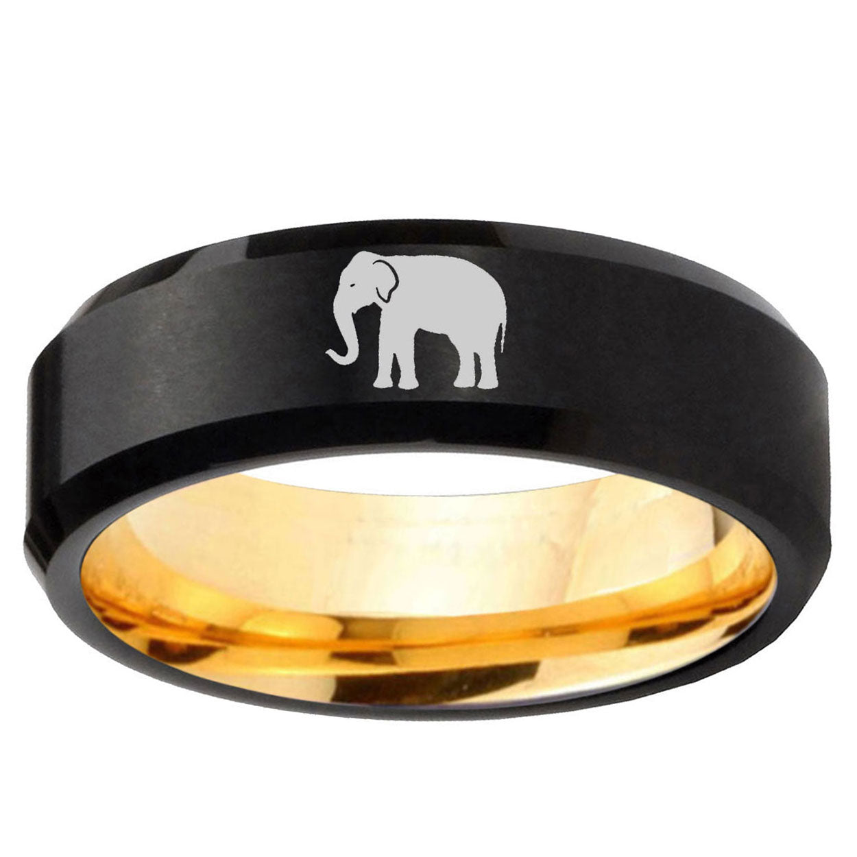 Elephant Beveled Edge Black And Gold Tungsten Band Ring