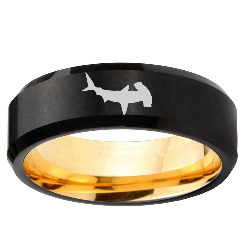 Hammerhead Shark Beveled Edge Black And Gold Tungsten Ring