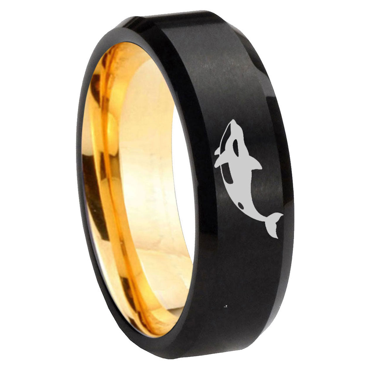 8mm Keller Whale Beveled Edge Black And Gold Tungsten Ring