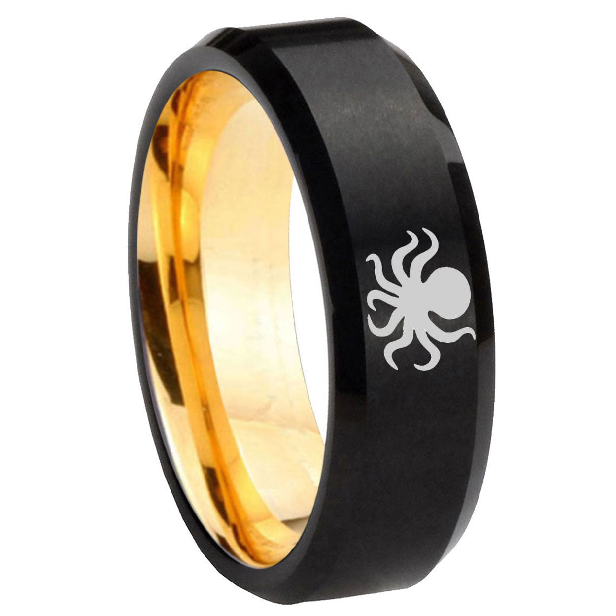 8mm Octopus Beveled Edge Black And Gold Tungsten Engraved Band