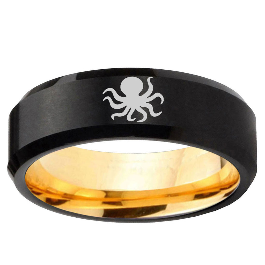 Octopus Beveled Edge Black And Gold Tungsten Engraved Band