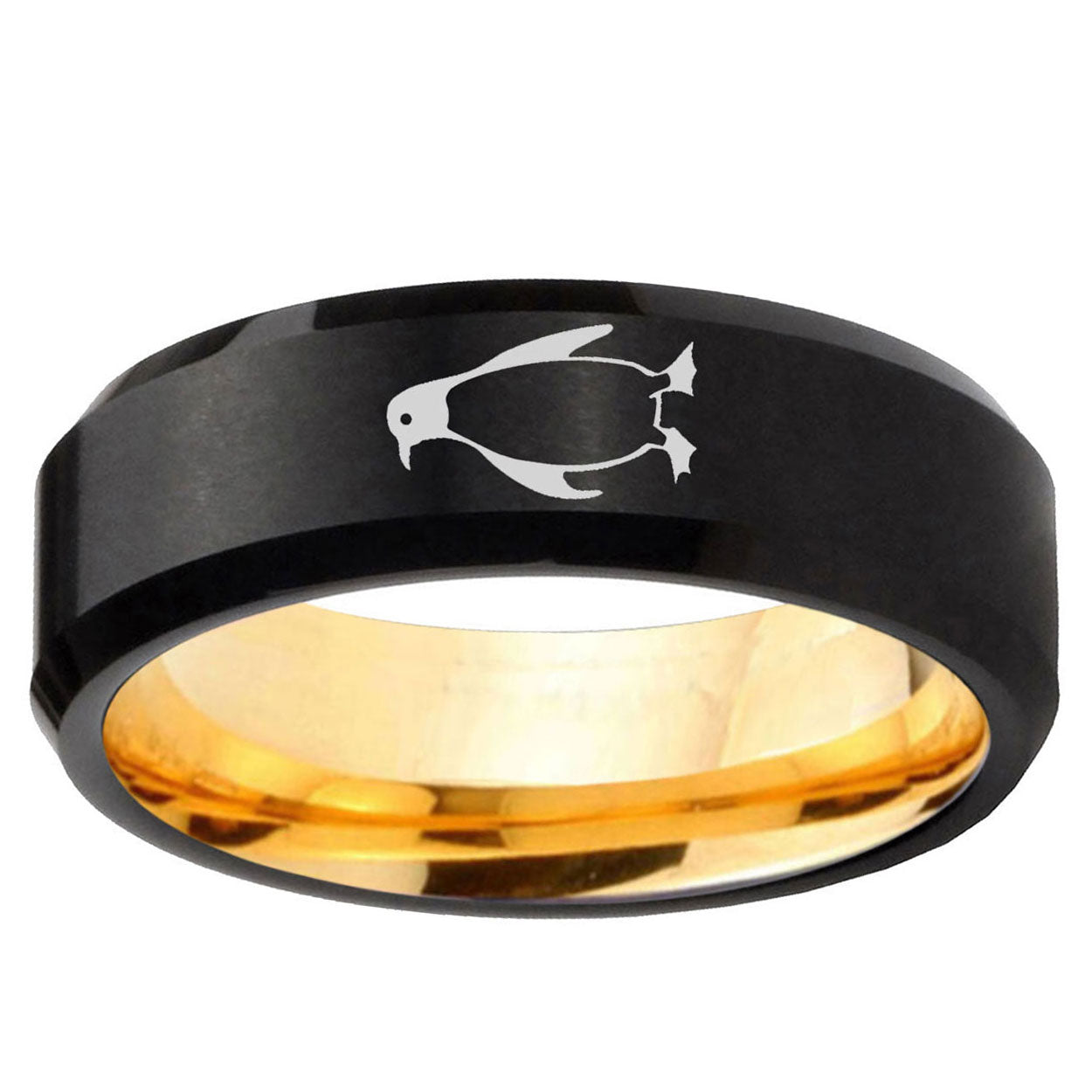 Penguin Beveled Edge Black Gold Tungsten Engagement Ring