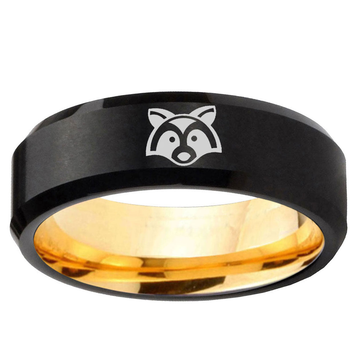 Raccoon Animal Beveled Edge Black Gold Tungsten Ring