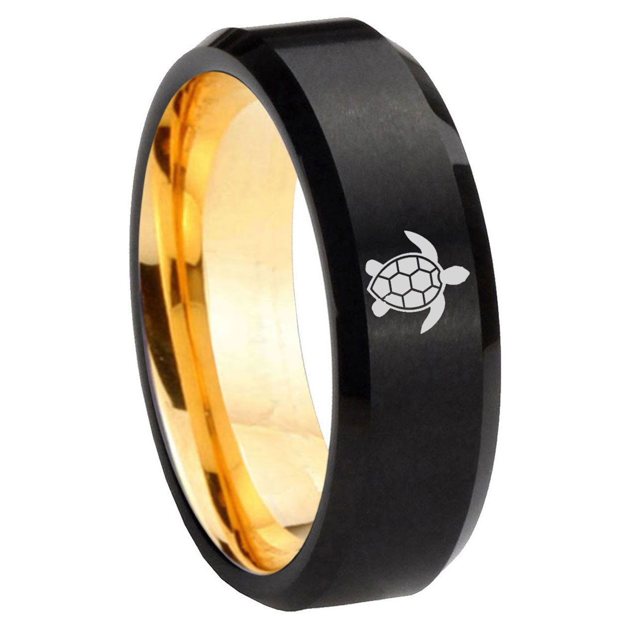 8mm Sea Turtle Design Beveled Edge Black And Gold Tungsten Ring
