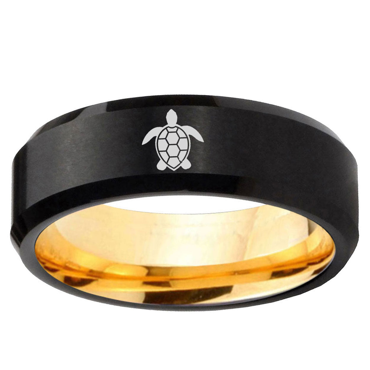 Sea Turtle Design Beveled Edge Black And Gold Tungsten Ring