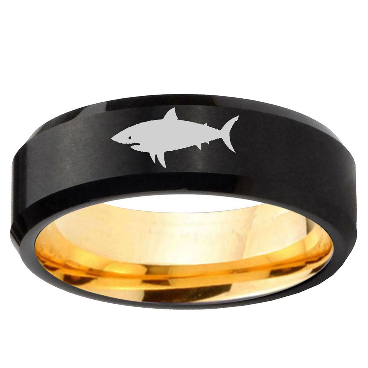 Shark Beveled Edge Black And Gold Tungsten Promised Ring