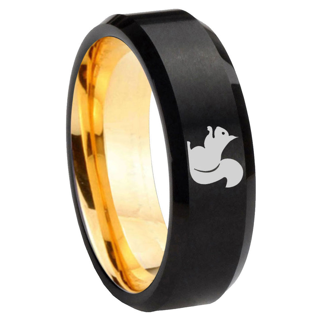 8mm Squirrel Beveled Edge Black And Gold Tungsten Carbide Ring