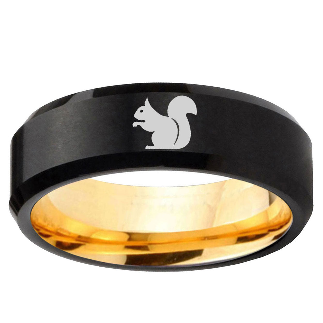 Squirrel Beveled Edge Black And Gold Tungsten Carbide Ring