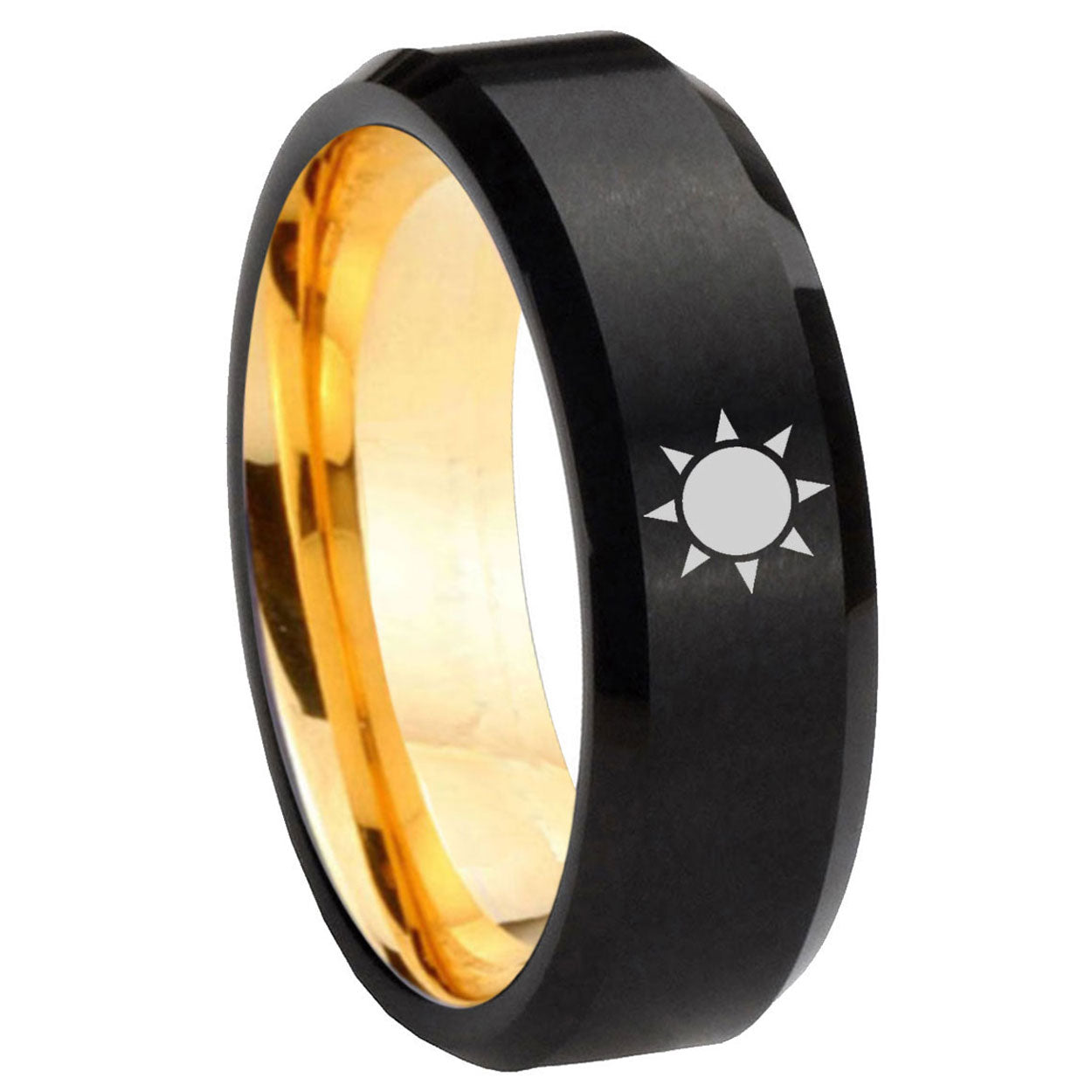 8mm Sun Design Beveled Edge Black And Gold Tungsten Ring