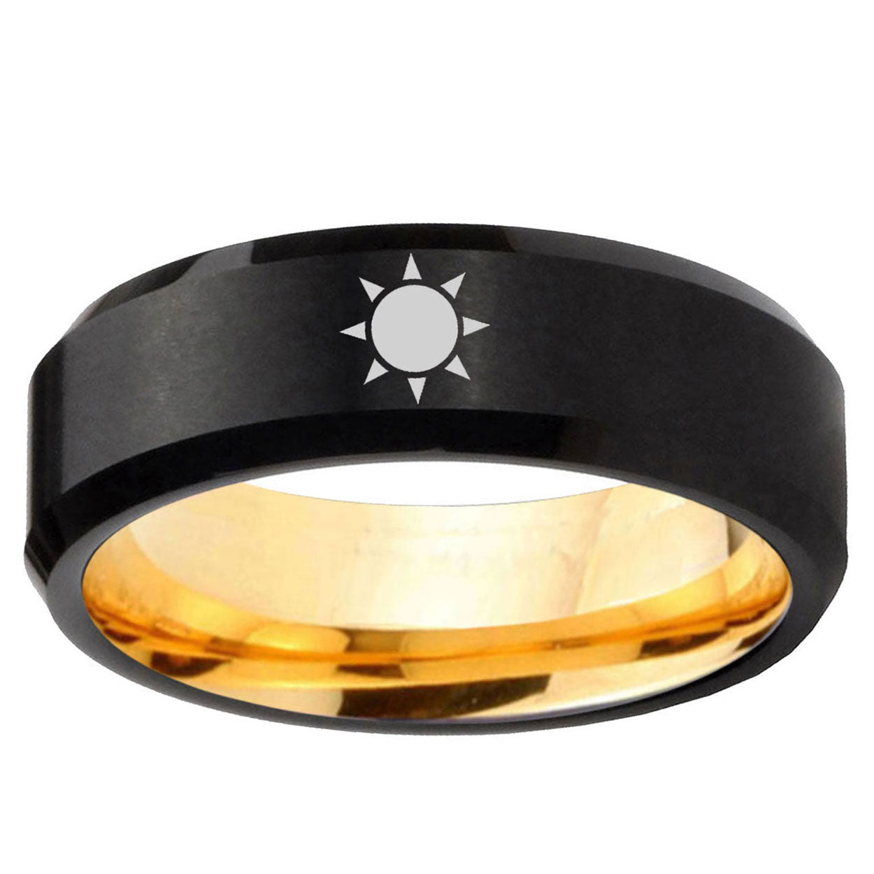 Sun Design Beveled Edge Black And Gold Tungsten Ring