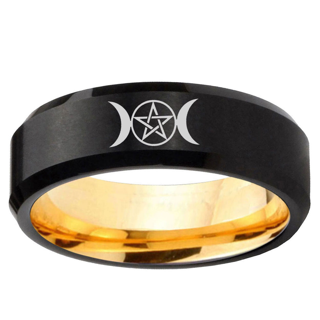 Triple Moon Beveled Edge Black And Gold Tungsten Men's Band