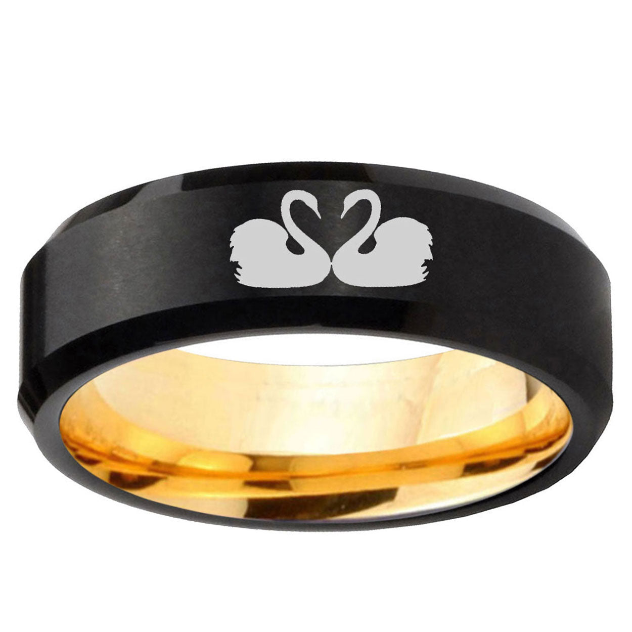 Swans Design Beveled Edge Black Gold Tungsten Wedding Ring