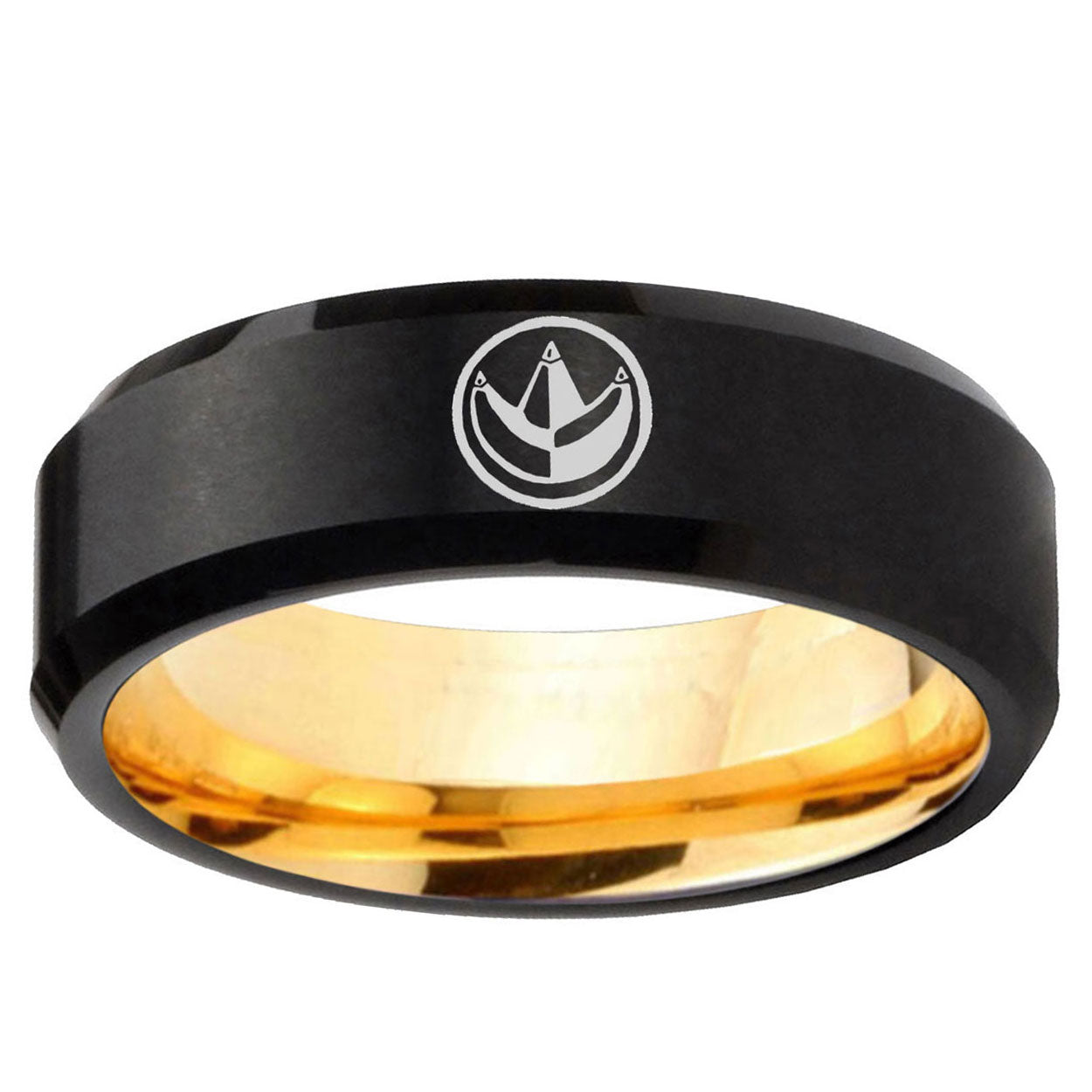 Green Ranger Power Beveled Edge Black Gold Tungsten Ring