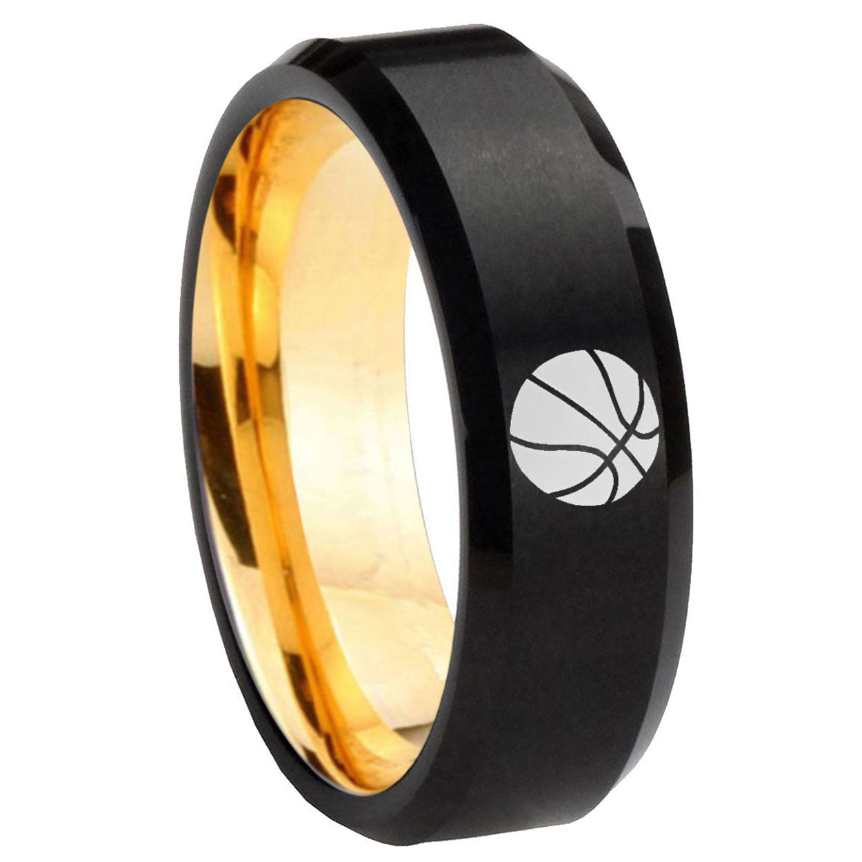 8mm Basketball Beveled Edge Black Gold Tungsten Promised Ring