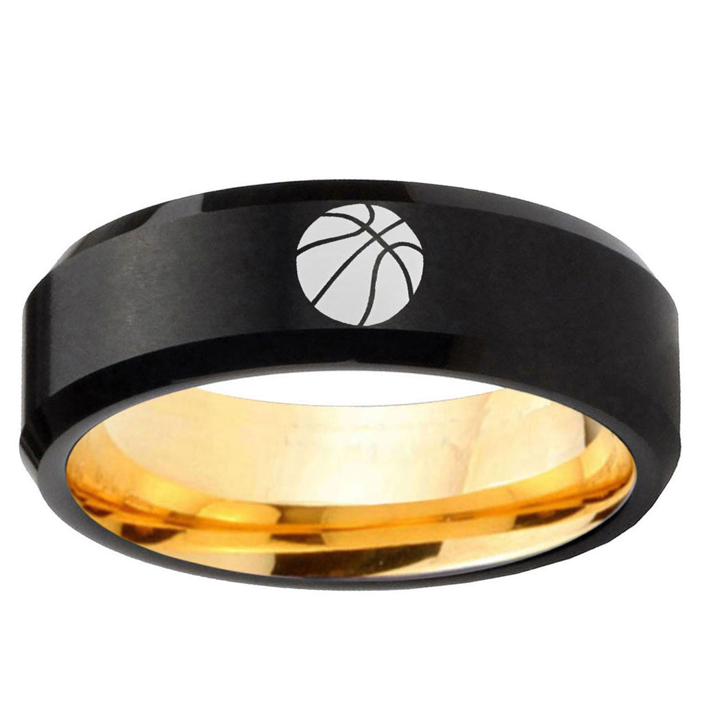 Basketball Beveled Edge Black Gold Tungsten Promised Ring