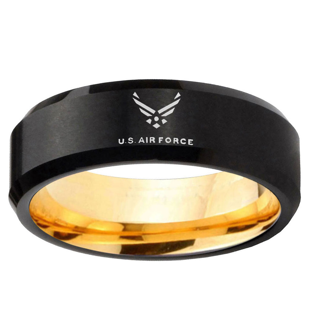 Beveled Edge Black Gold US Air Force Tungsten Engraved Ring