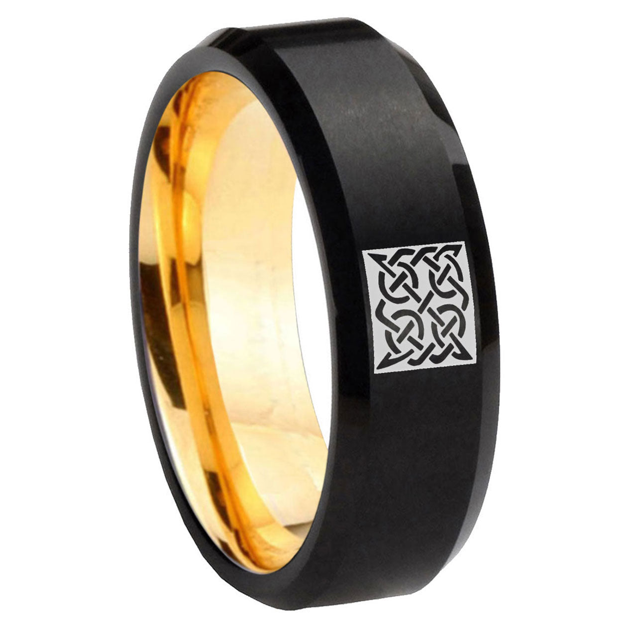8mm Celtic Design Beveled Edge Black Gold Tungsten Custom Ring
