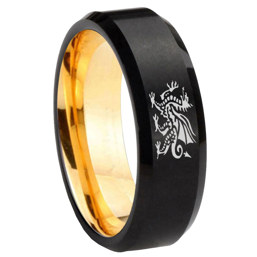 8mm Dragon Beveled Edge Black And Gold Tungsten Ring for Men