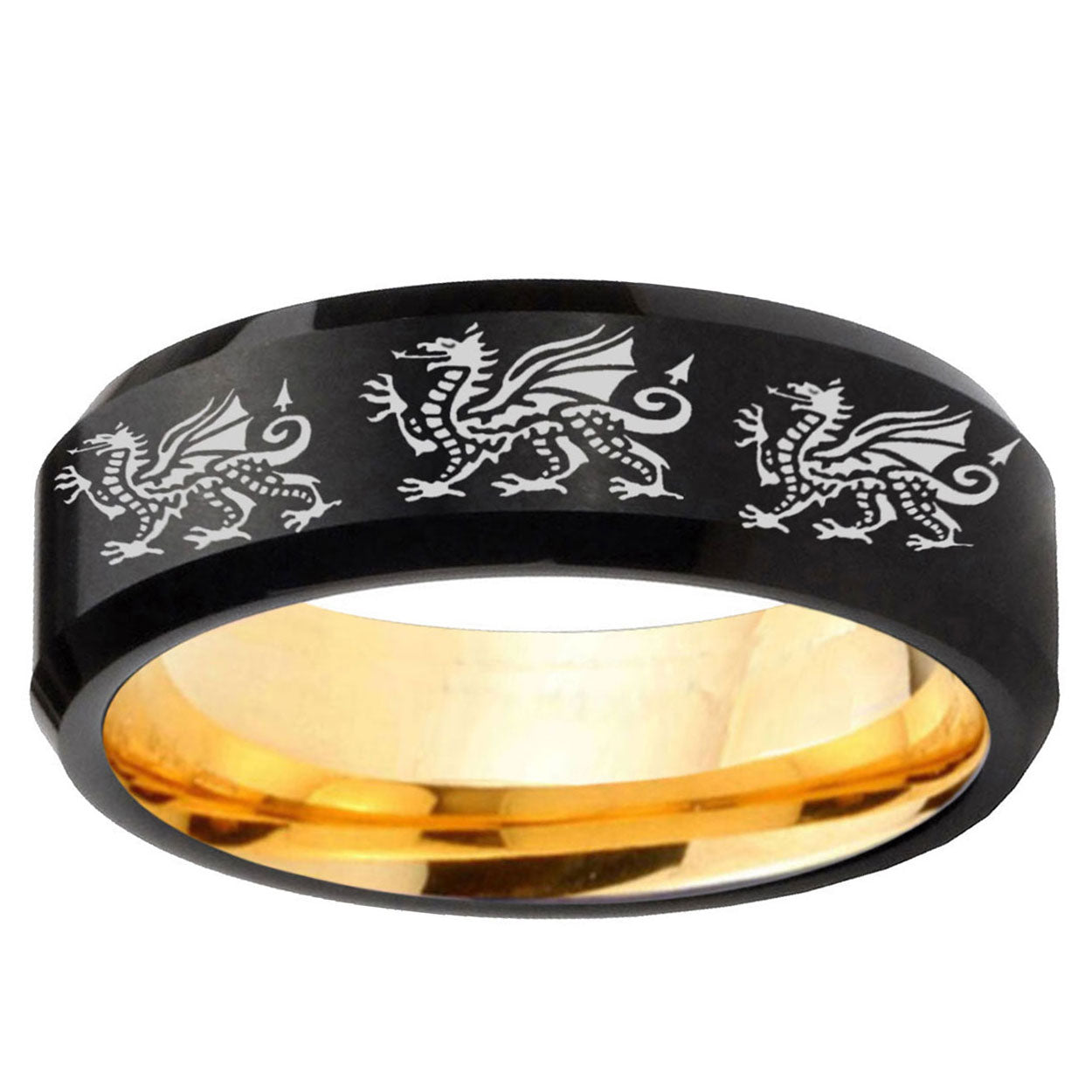 Multiple Dragon Beveled Edge Black And Gold Tungsten Ring