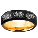 Multiple Dragon Beveled Edge Black And Gold Tungsten Carbide Men's Wedding Ring