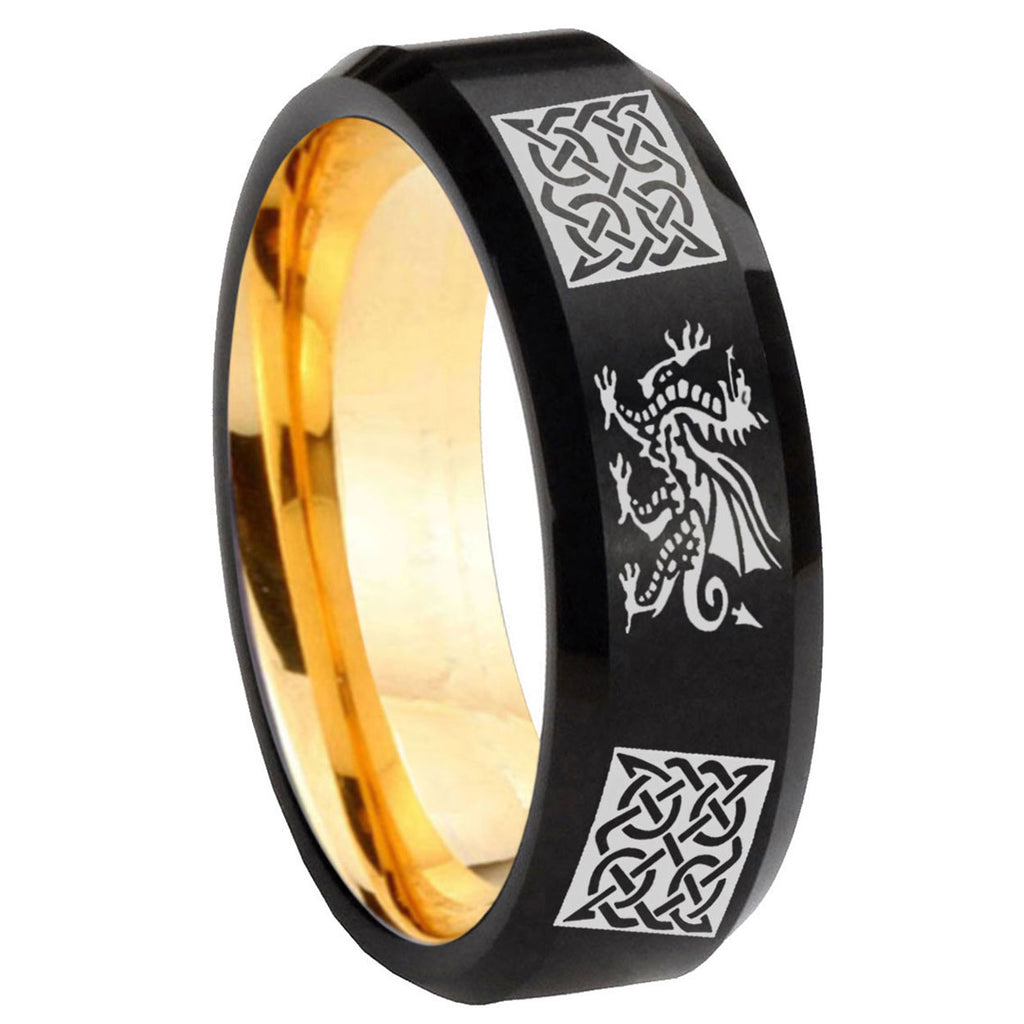 8mm Multiple Dragon Celtic Beveled Black Gold Tungsten Ring