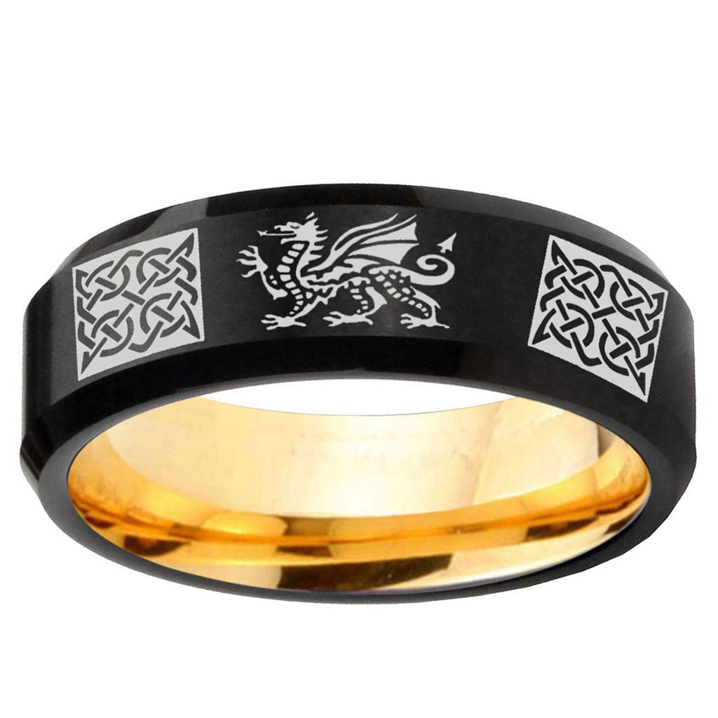 Multiple Dragon Celtic Beveled Black Gold Tungsten Ring