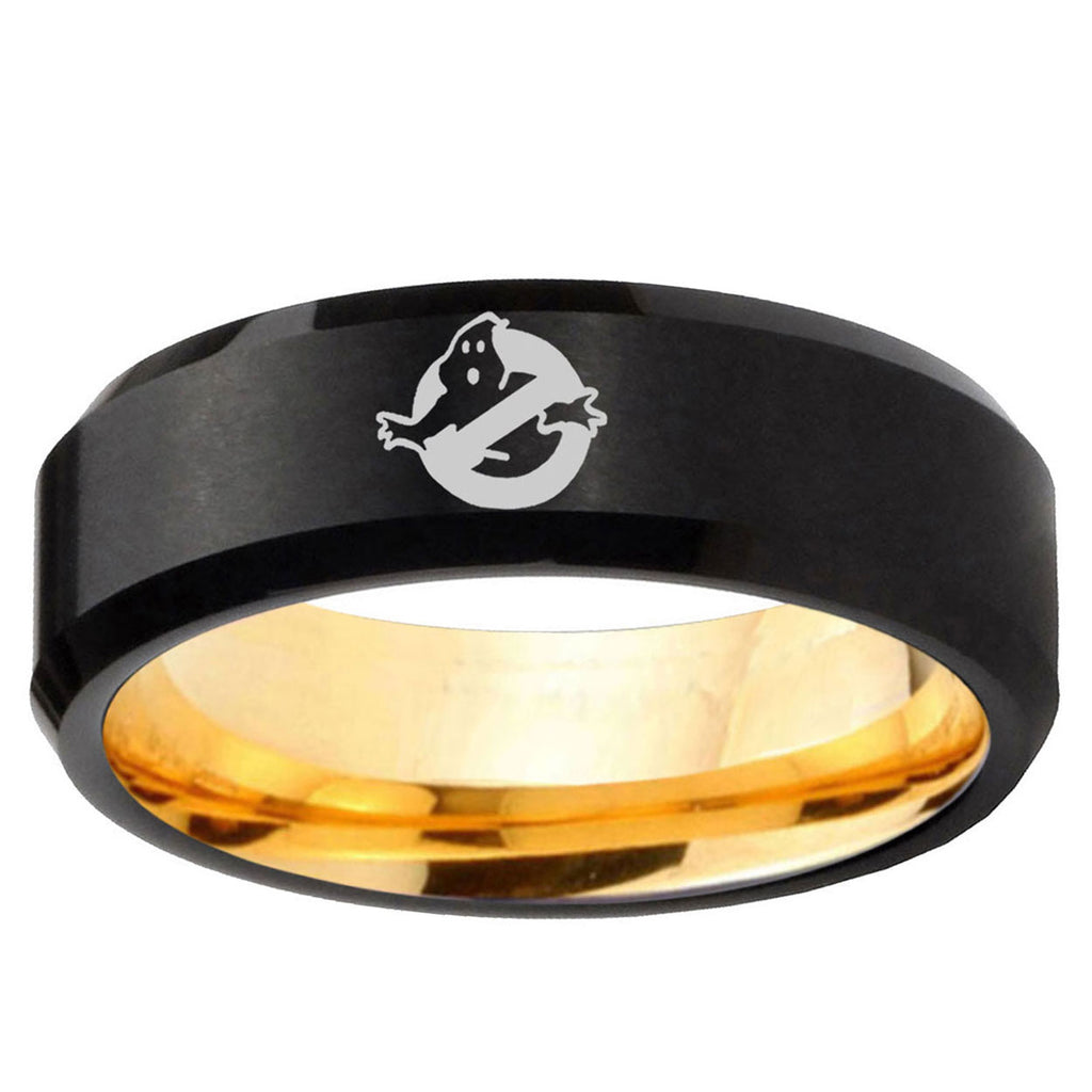 Ghostbusters Beveled Edge Black And Gold Tungsten Ring