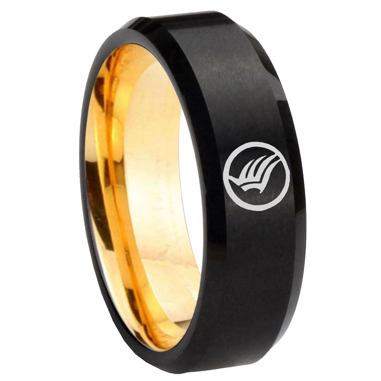 8mm Beveled Edge Black Gold Mass Effect Tungsten Engraved Ring