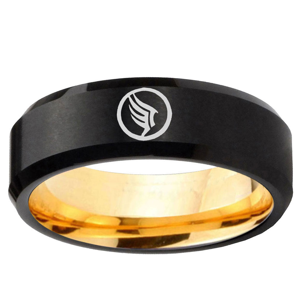 Beveled Edge Black Gold Mass Effect Tungsten Engraved Ring