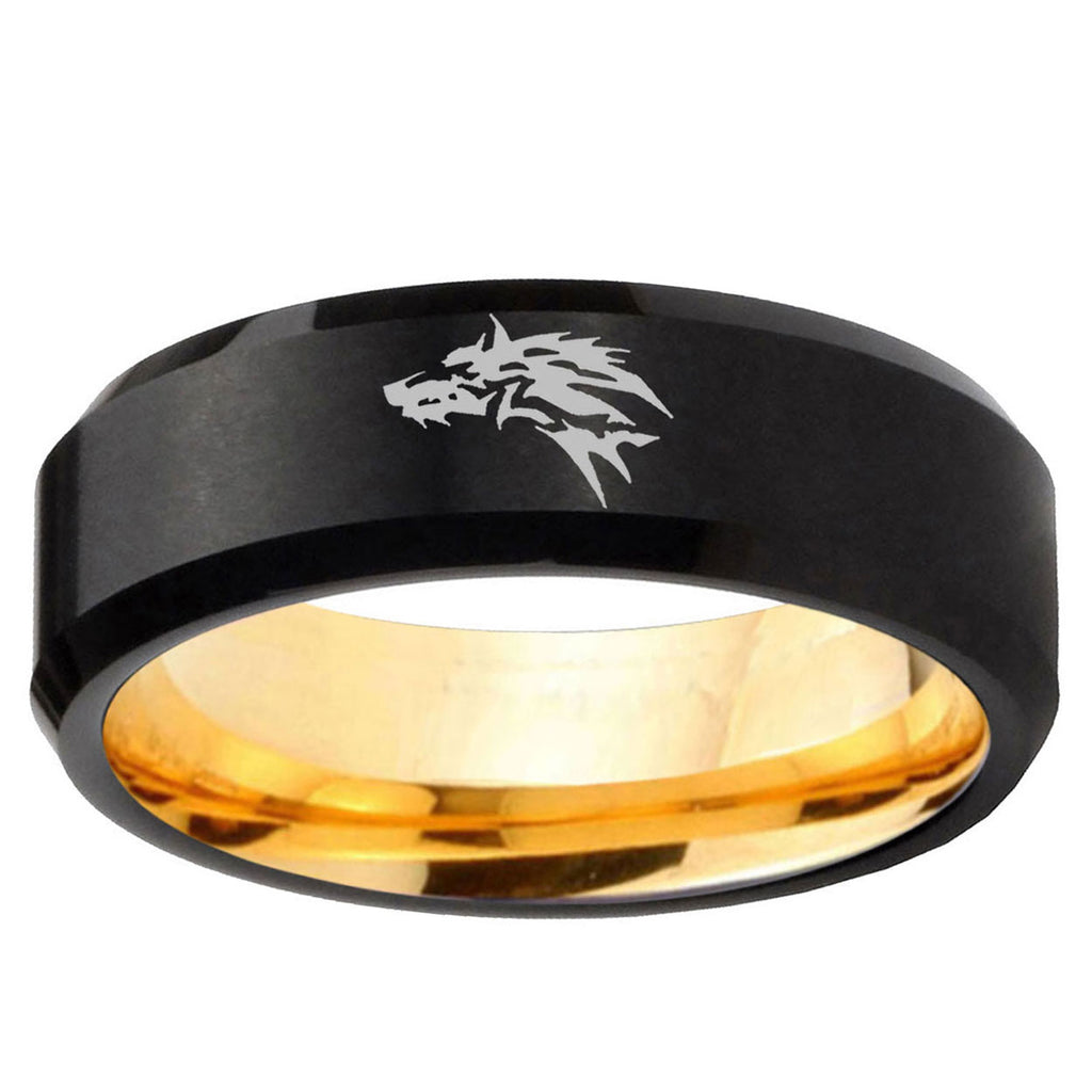 Wolf Beveled Edge Black And Gold Tungsten Engagement Band