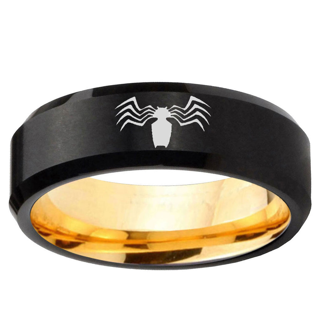 Spider Beveled Edge Black And Gold Tungsten Promise Ring