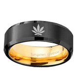 8mm-Marijuana-Leaf-Beveled-Tungsten-Carbide-Black-Gold-Mens-Promise-Ring