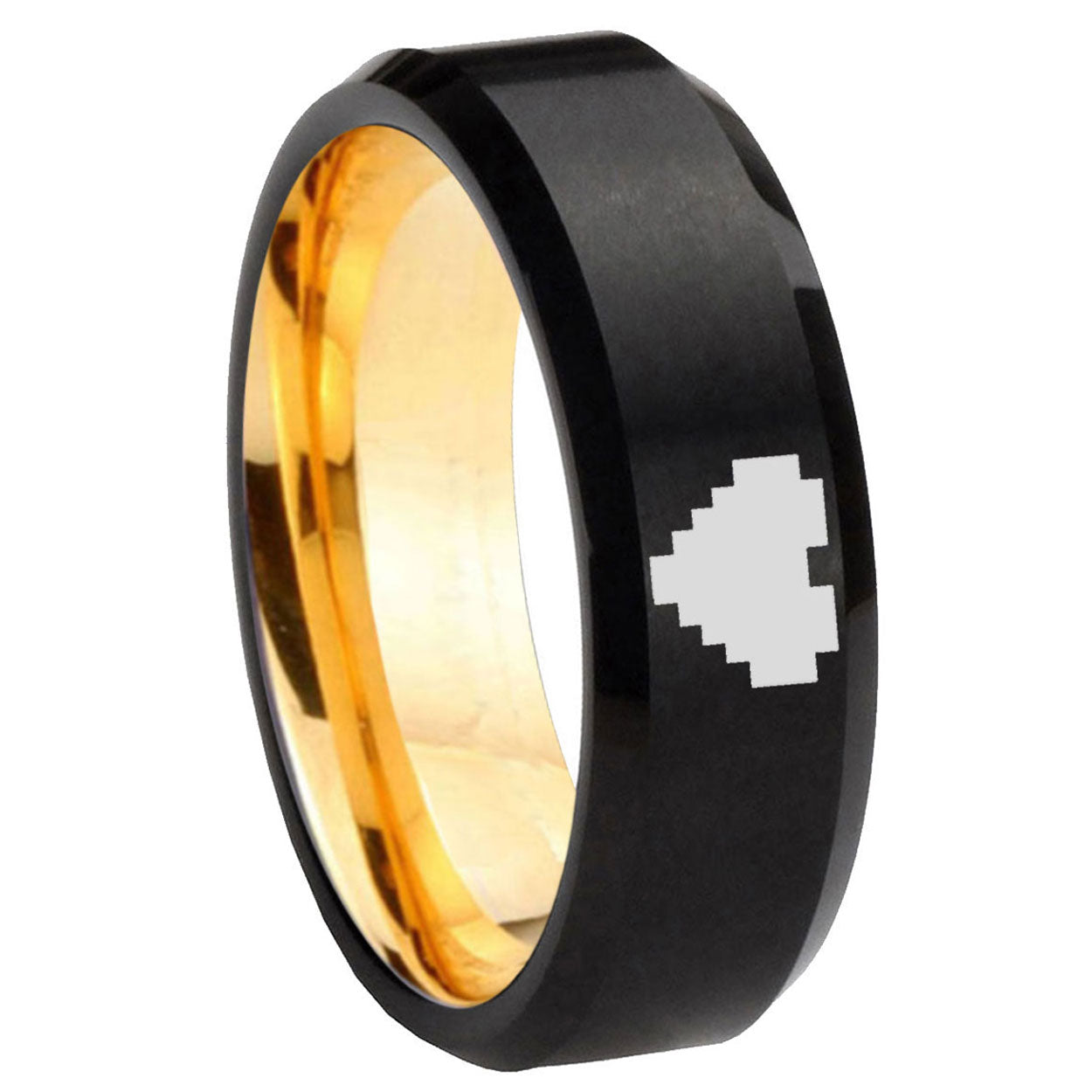 8mm Beveled Edge Black Gold Zelda Heart Tungsten Engraved Ring