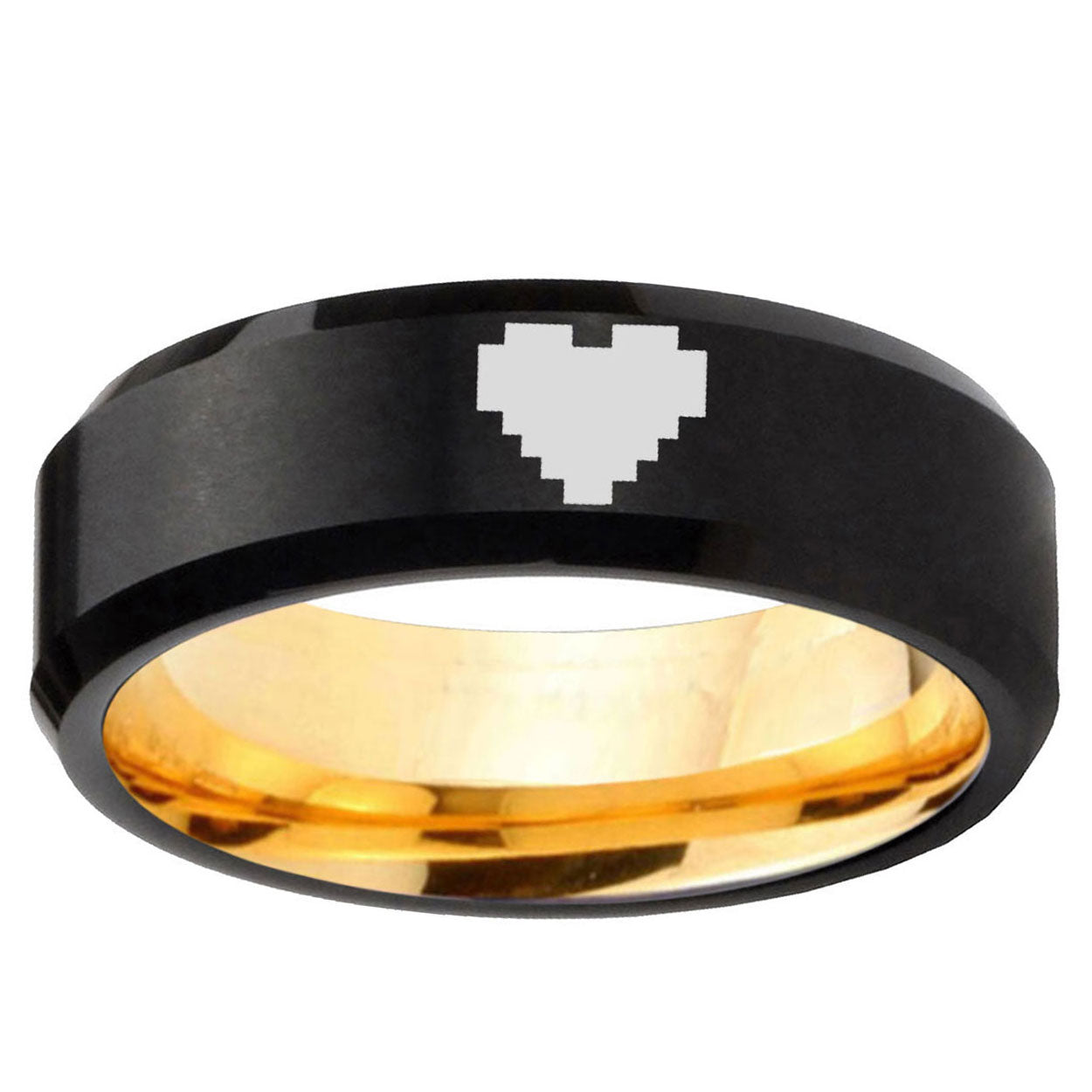 Beveled Edge Black Gold Zelda Heart Tungsten Engraved Ring
