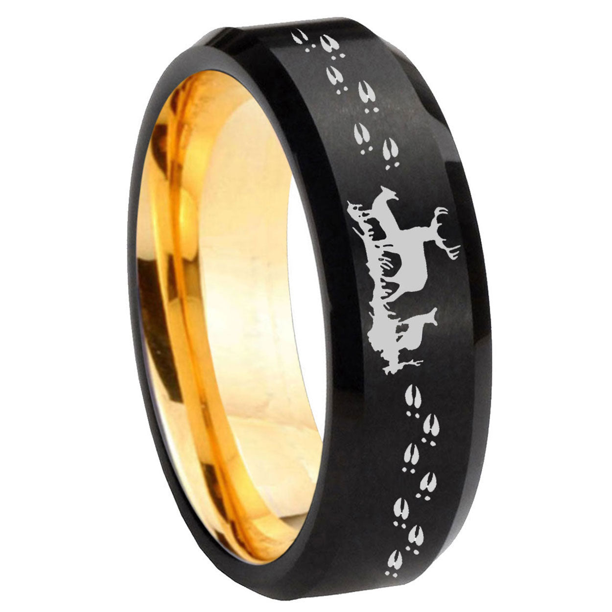 8mm Deer Hunting Beveled Edge Black Gold Tungsten Custom Ring