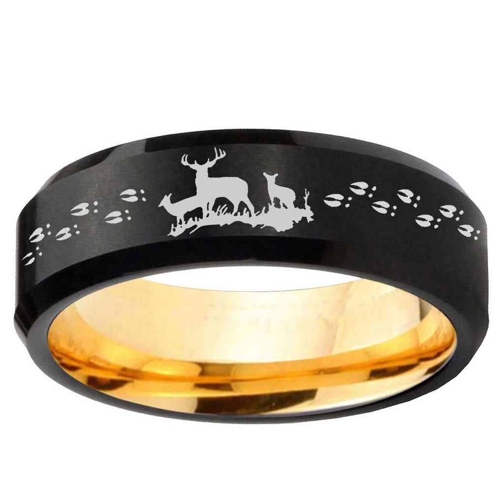 Deer Hunting Beveled Edge Black Gold Tungsten Custom Ring